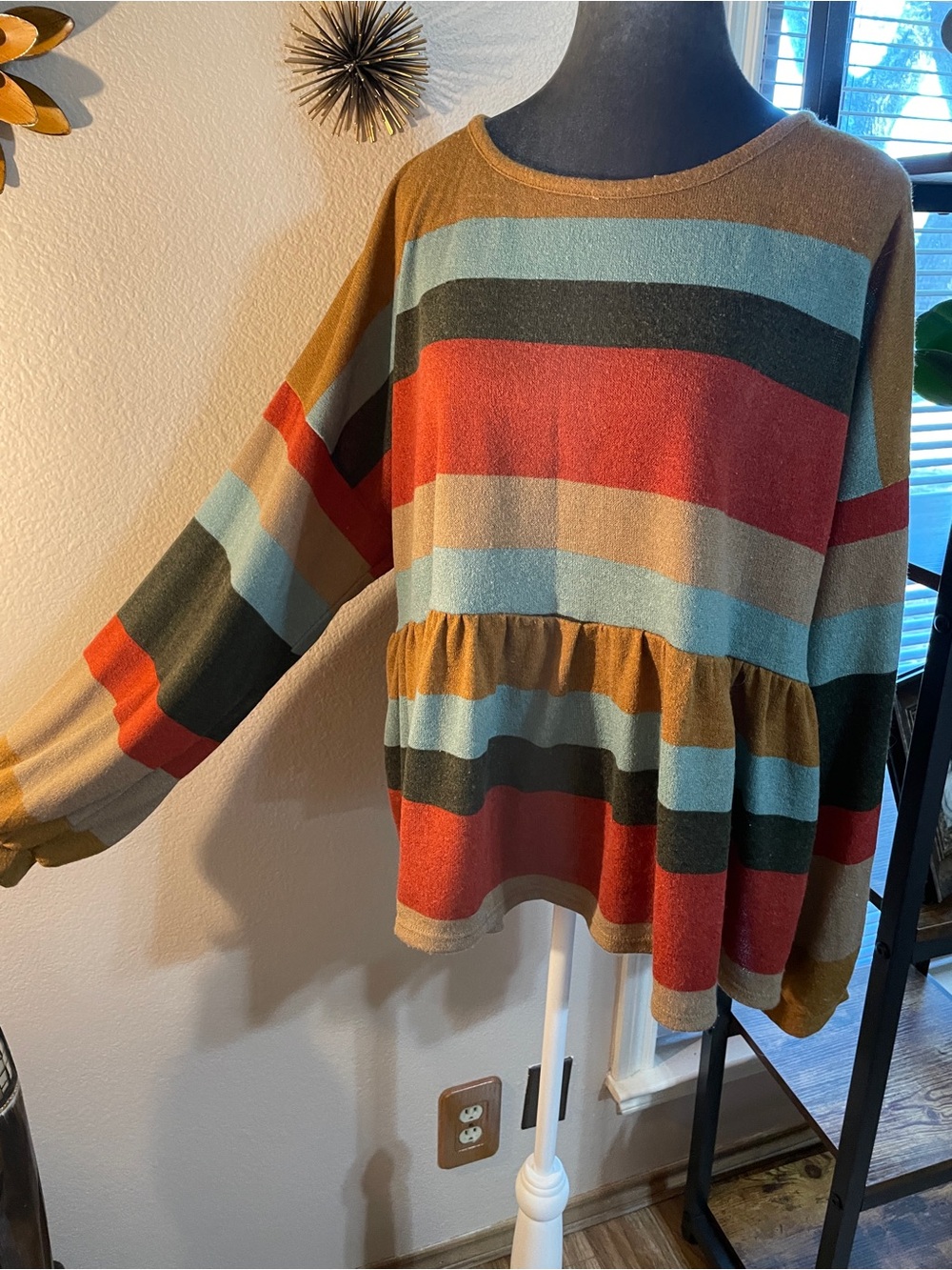 Striped Peplum Tunic in Rust, Teal, Olive & Cream
